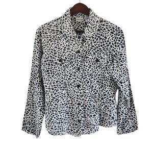 Chicos Geometric Linen Button Front Top Blouse Black White Womens Size 0